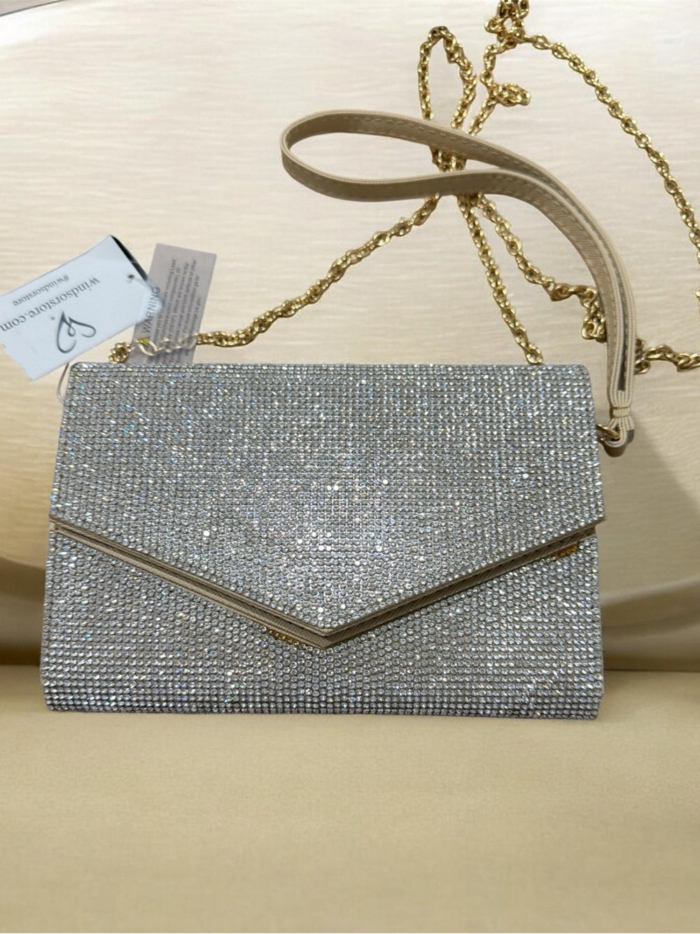 Crystal-Studded Silver Envelope Clutch with Gold Chain Strap